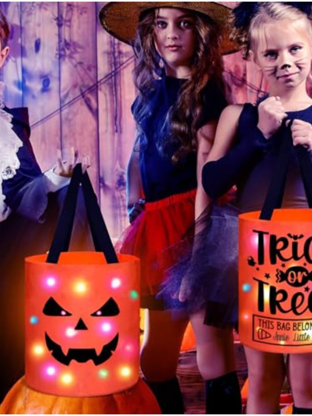 LED Light Up Ghost Halloween Trick or Treat Bucket Candy Bag Reusable